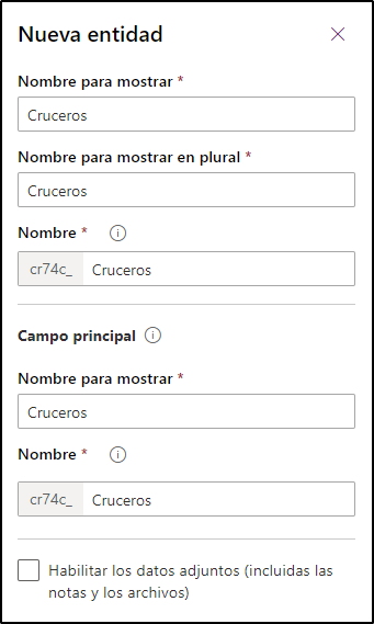 Captura de pantalla del cuadro de diálogo Nueva tabla con Cruceros ingresado en el cuadro Nombre para mostrar.