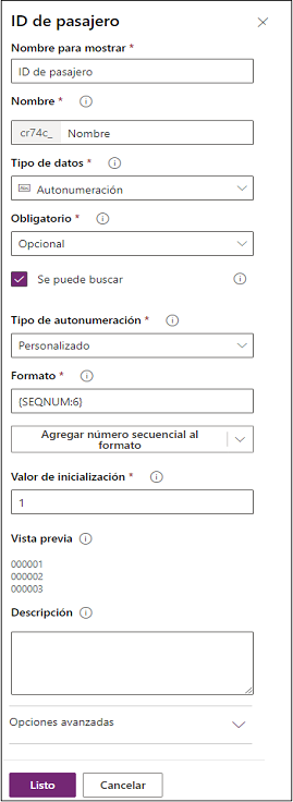 Captura de pantalla del Id. del pasajero con Número automático, Personalizado, SEQNUM:6 y 1 como valores para los diferentes campos.