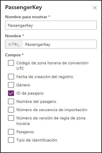 Captura de pantalla del cuadro de diálogo de clave con la columna Id. de pasajero seleccionada.