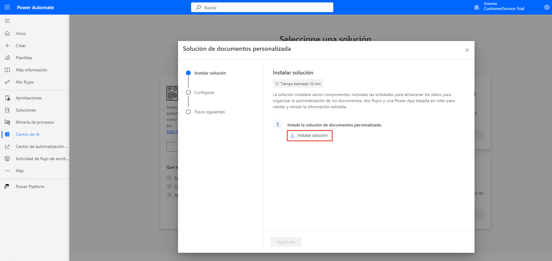 Asistente de solución de documentos personalizados que muestra la primera página, Instalar solución.