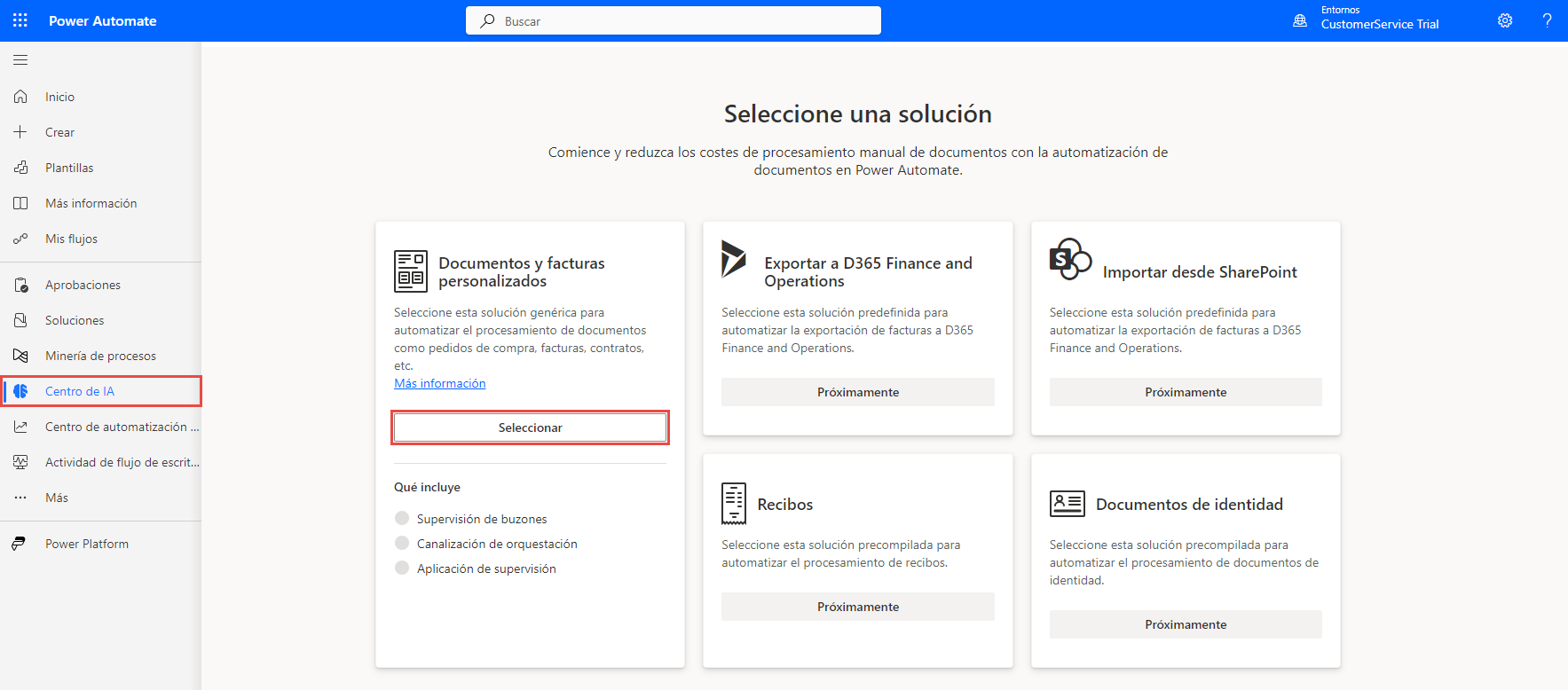 La página Seleccionar una solución muestra documentos personalizados, con las facturas y los recibos marcados como