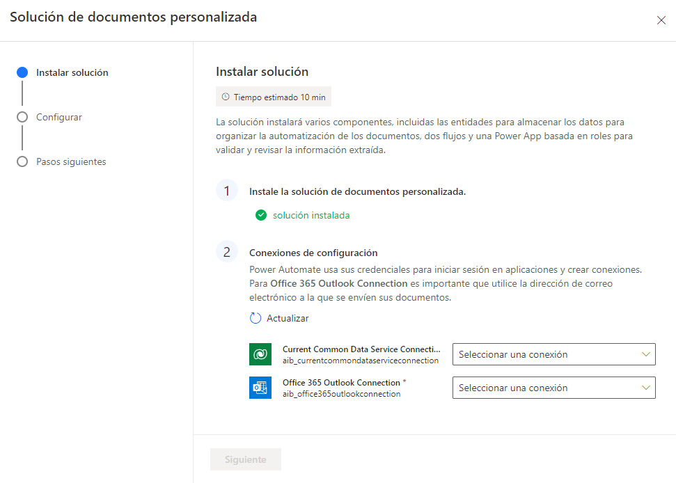 Asistente de solución de documentos personalizados que muestra el mensaje