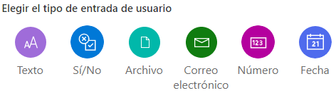 Captura de pantalla de los tipos de entrada de usuario: texto, sí/no, archivo, correo electrónico, número y fecha.