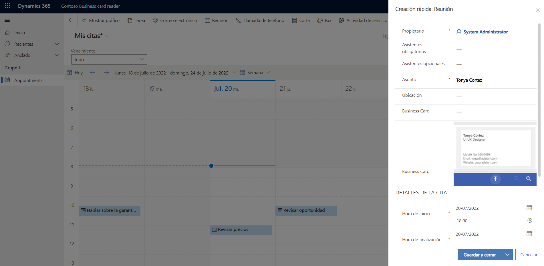 Captura de pantalla del formulario Creación Rápida de cita completado con el botón Guardar y cerrar en la parte inferior