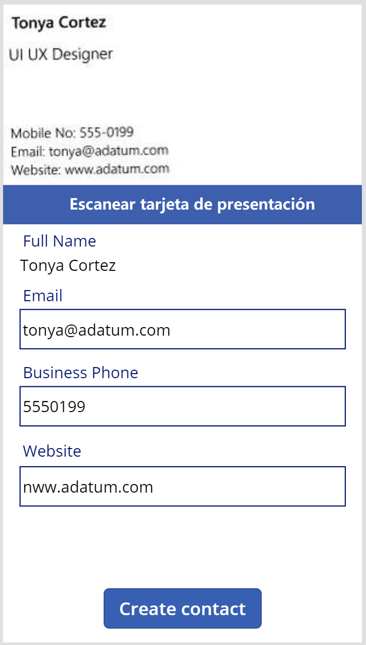 Una captura de pantalla de una tarjeta de presentación escaneada con los campos rellenos con información.