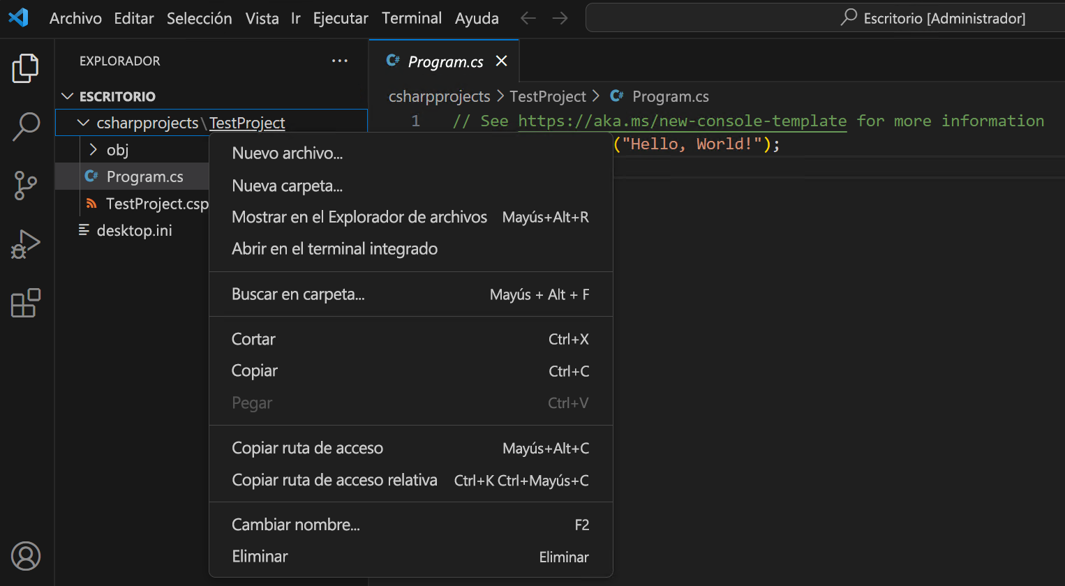 Captura de pantalla de un comando especificado en la ventana del terminal de Visual&nbsp;Studio Code integrado.