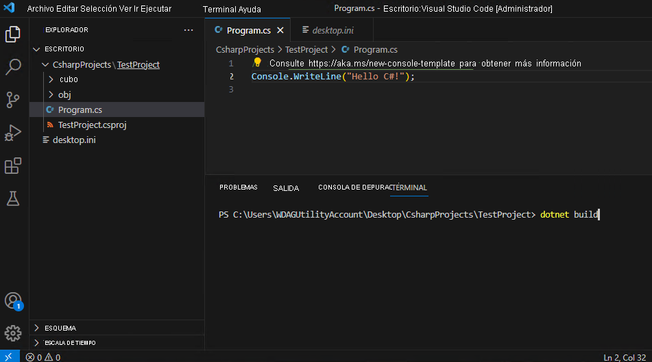 Captura de pantalla que muestra el comando dotnet build especificado en el panel del terminal de Visual&nbsp;Studio Code.