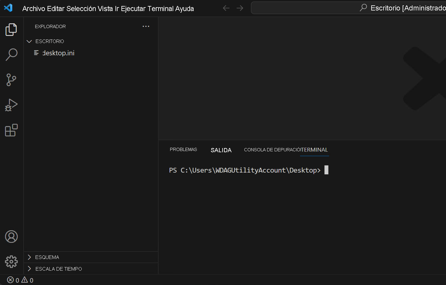 Captura de pantalla que muestra el símbolo del sistema del panel del terminal de Visual&nbsp;Studio Code.