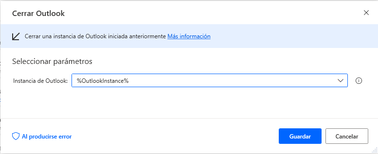 Captura de pantalla del cuadro de diálogo de la acción Cerrar Outlook.