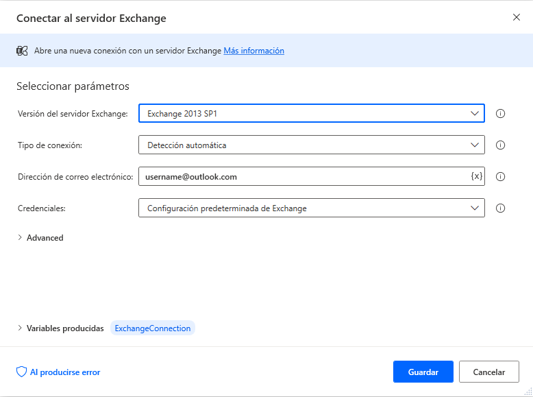 Propiedades del cuadro de diálogo de la acción de conectar al servidor de Exchange.