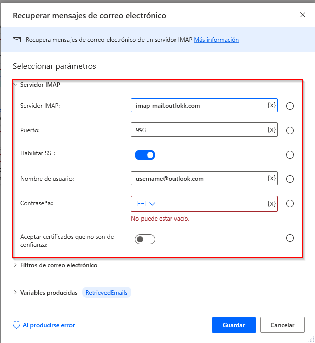 Captura de pantalla de la sección Servidor IMAP de la acción Recuperar mensajes de correo electrónico.