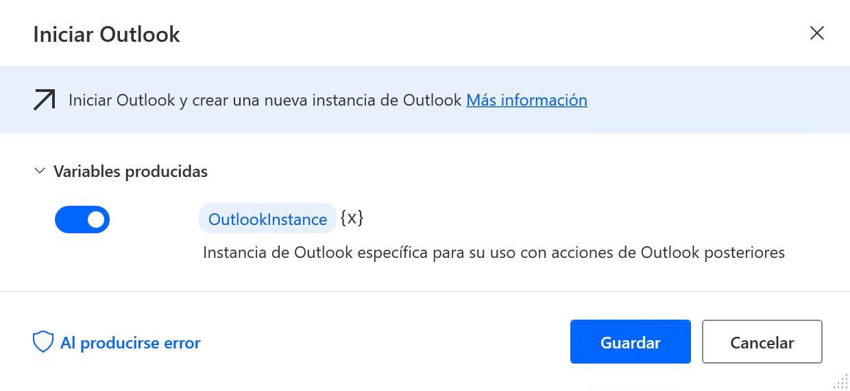 Captura de pantalla del cuadro de diálogo de acción para iniciar Outlook.