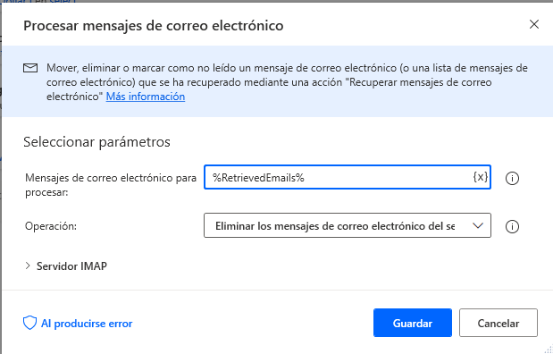 Captura de pantalla de la acción Procesar mensajes de correo electrónico.