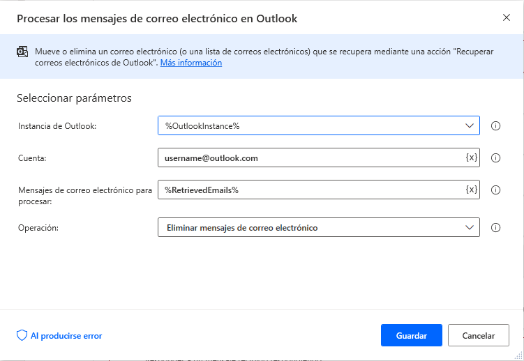 Captura de pantalla del cuadro de diálogo de la acción Procesar mensajes de correo electrónico en Outlook.