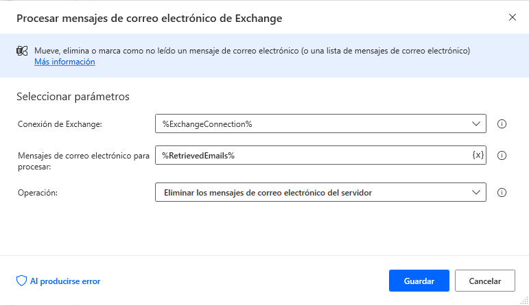 Propiedades del cuadro de diálogo de la acción Procesar mensajes de correo electrónico de Exchange.