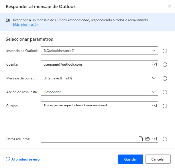 Captura de pantalla de la ventana de diálogo de la acción Responder a un mensaje de Outlook.
