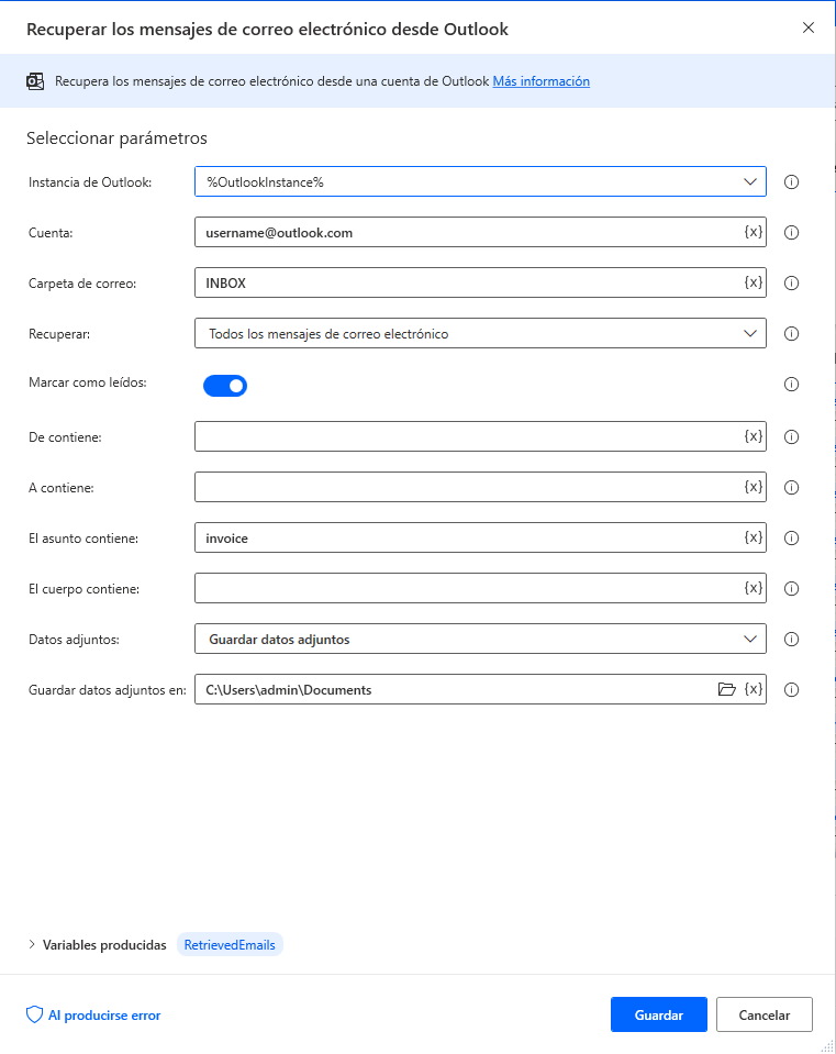 Captura de pantalla del cuadro de diálogo de la acción Recuperar mensajes de correo electrónico desde Outlook.