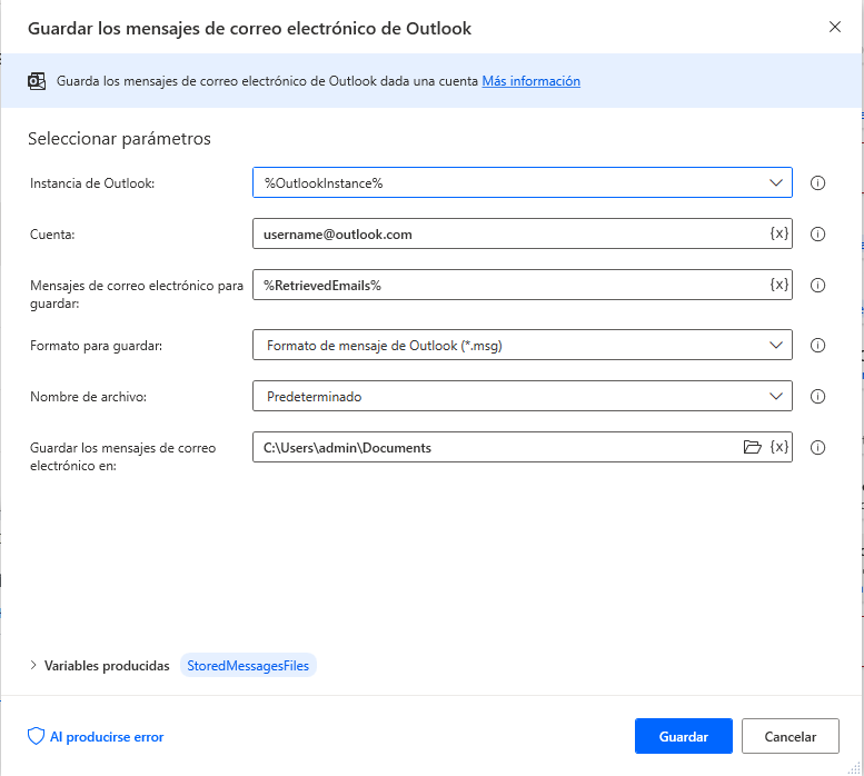 Captura de pantalla del cuadro de diálogo Guardar mensajes de correo electrónico de Outlook.