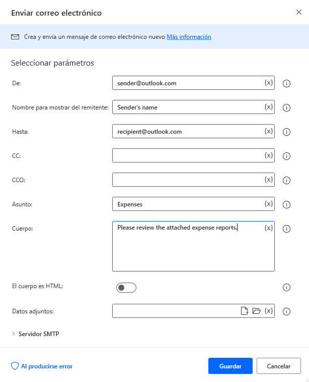 Captura de pantalla del cuadro de diálogo Enviar correo electrónico.