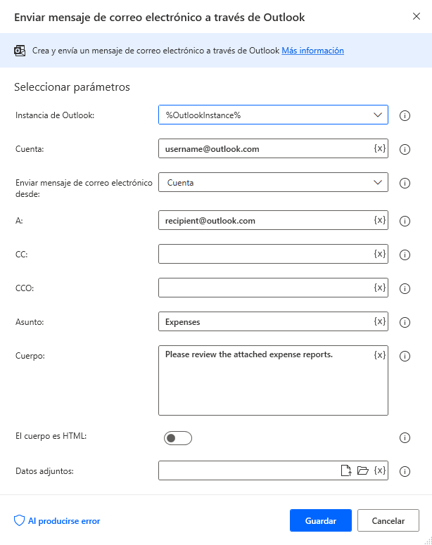 Captura de pantalla del cuadro de diálogo de la acción de enviar correo electrónico a través de Outlook.