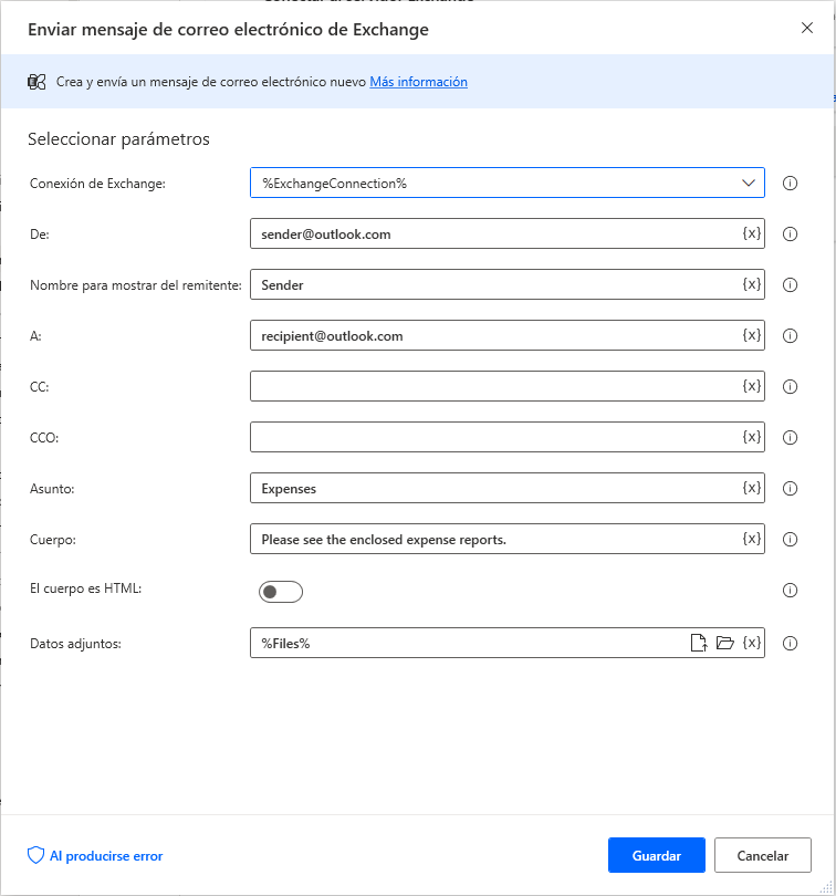 Propiedades del cuadro de diálogo de la acción Enviar mensaje de correo electrónico de Exchange