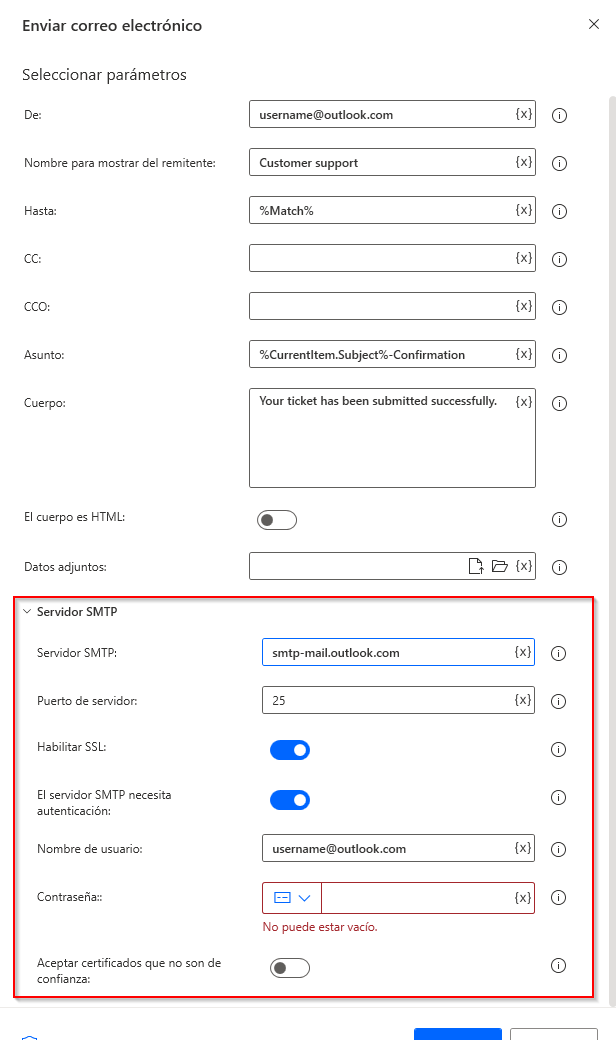 Captura de pantalla de la sección Servidor SMTP en la acción Enviar correo electrónico.