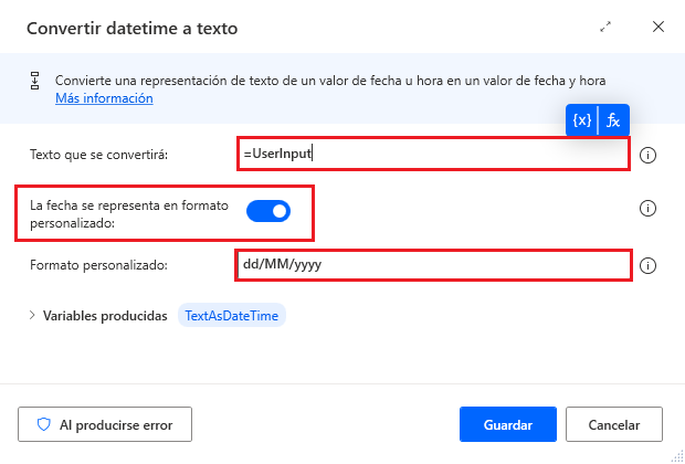 Captura de pantalla de la acción Convertir texto en datetime