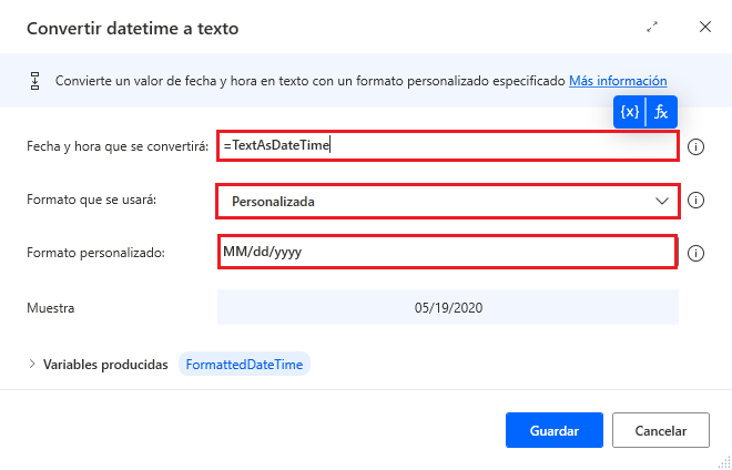 Captura de pantalla de la acción Convertir datetime a texto