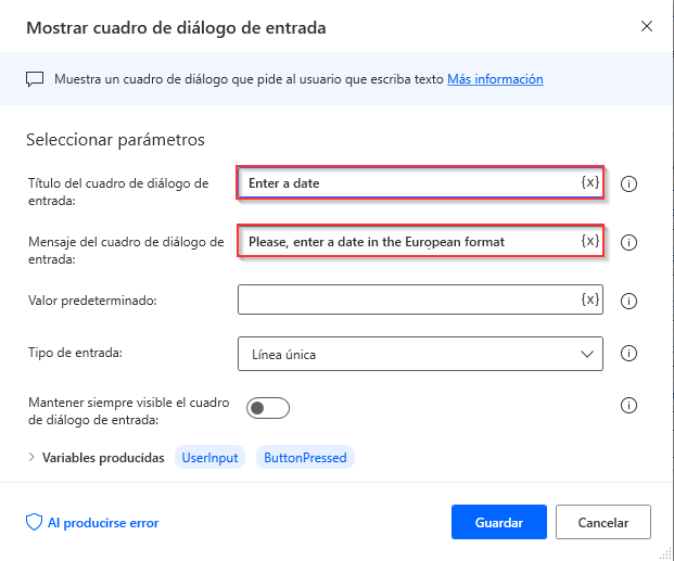 Captura de pantalla de la acción Mostrar cuadro de diálogo de entrada