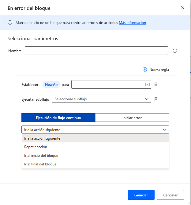 Captura de pantalla del cuadro de diálogo de propiedades de la acción En error del bloque