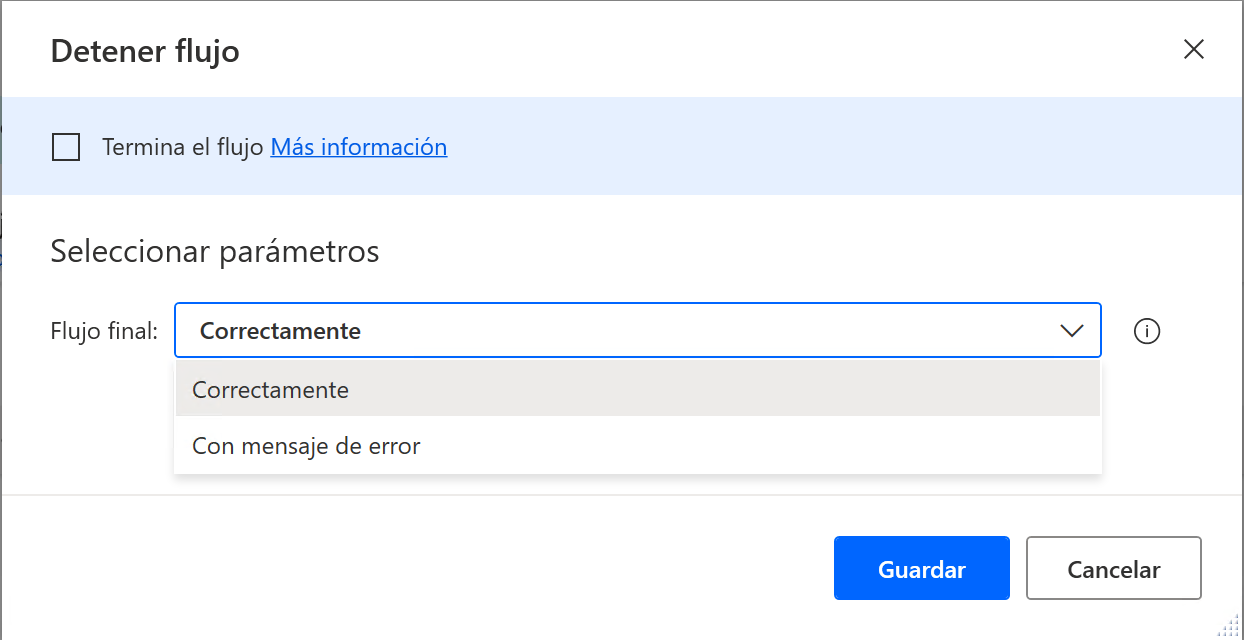 Propiedades de la acción Detener flujo