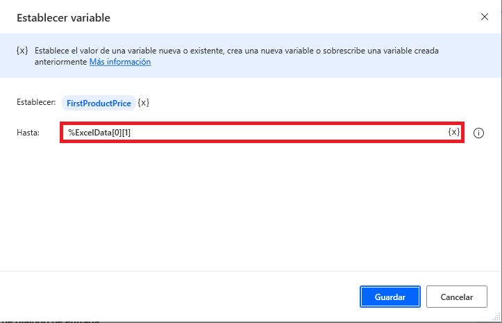 Captura de pantalla de la notación para acceder a un elemento de tabla.