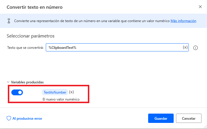 Captura de pantalla de la acción Convertir texto en número.
