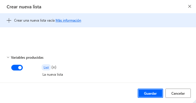 Captura de pantalla de la acción Crear nueva lista.