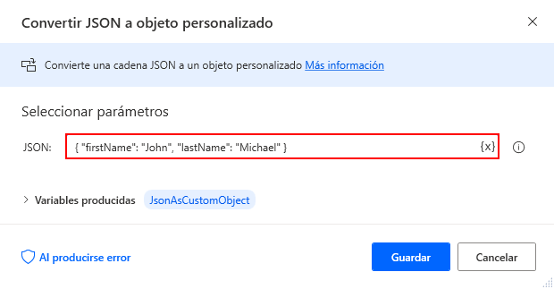 Captura de pantalla de un bloque JSON como parámetro en la acción Convertir JSON en objeto personalizado. 