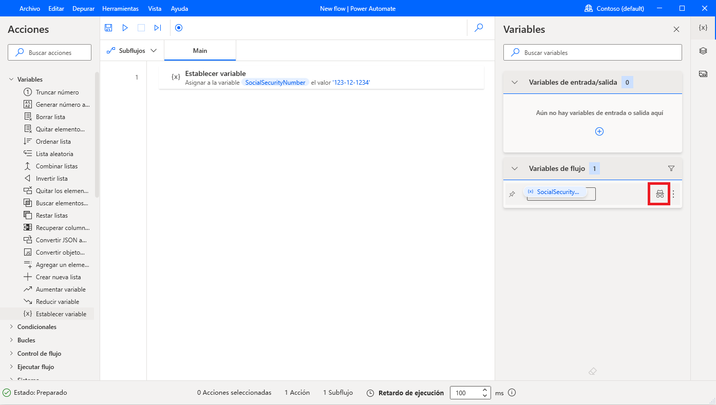 Captura de pantalla del icono Marcar como confidencial en el diseñador de flujos