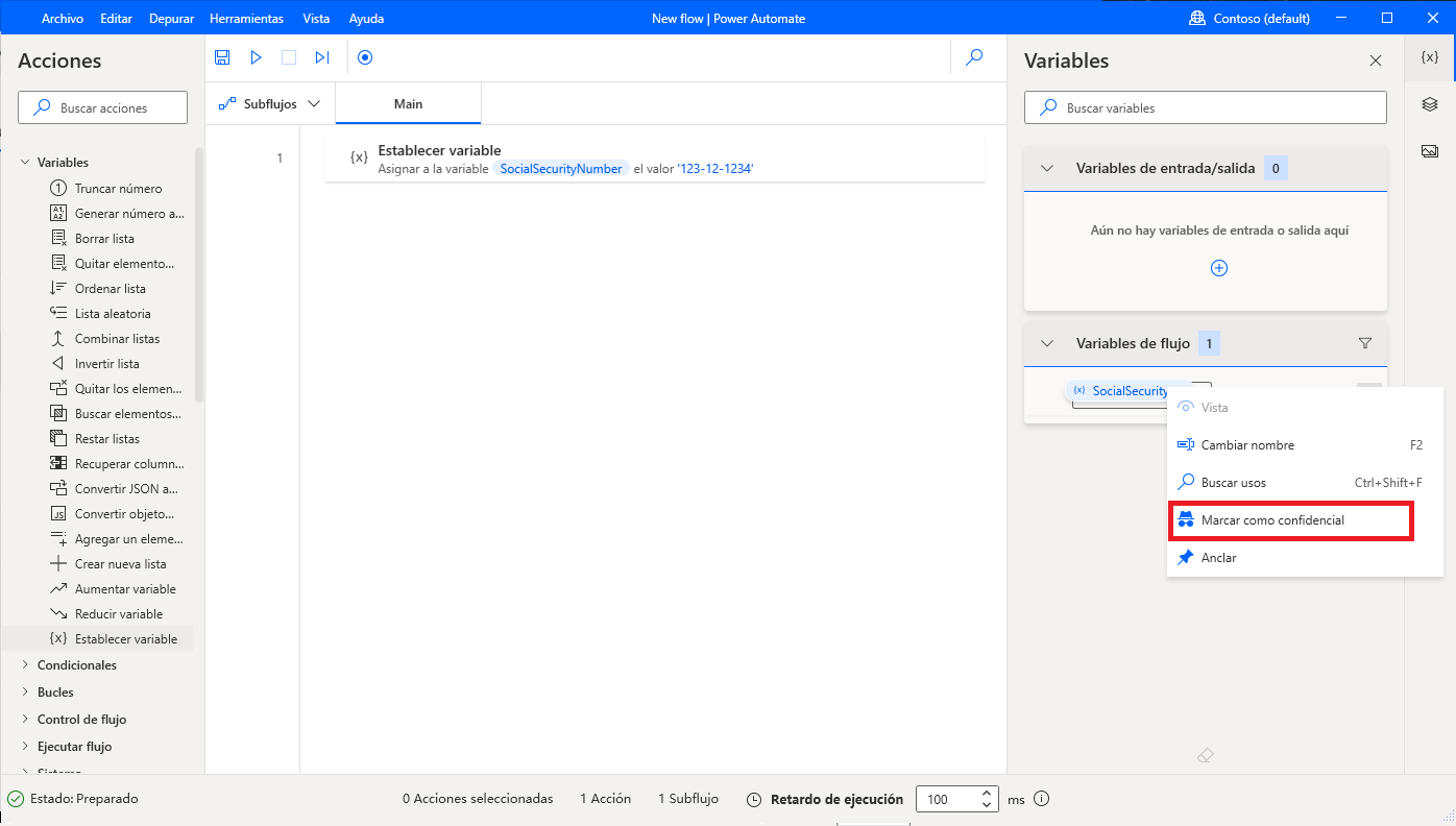 Captura de pantalla de la opción Marcar como confidencial en el diseñador de flujos