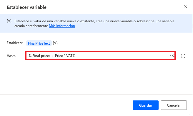 Captura de pantalla de una expresión con un operador aritmético.