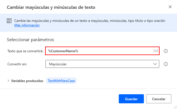 Captura de pantalla de una variable usada como parámetro de acción.