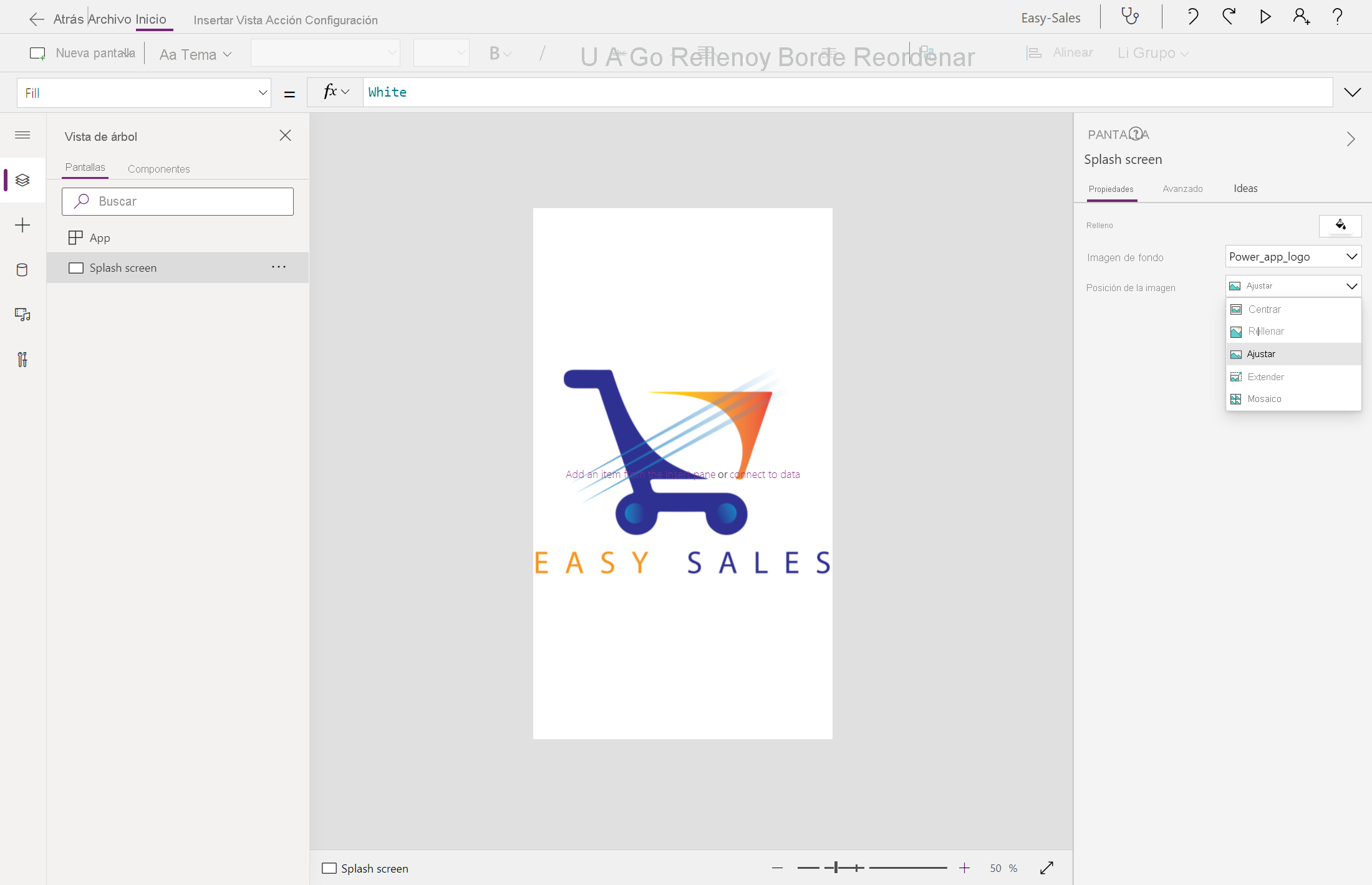 Captura de pantalla de la incorporación del logotipo de Easy Sales a la pantalla de presentación.