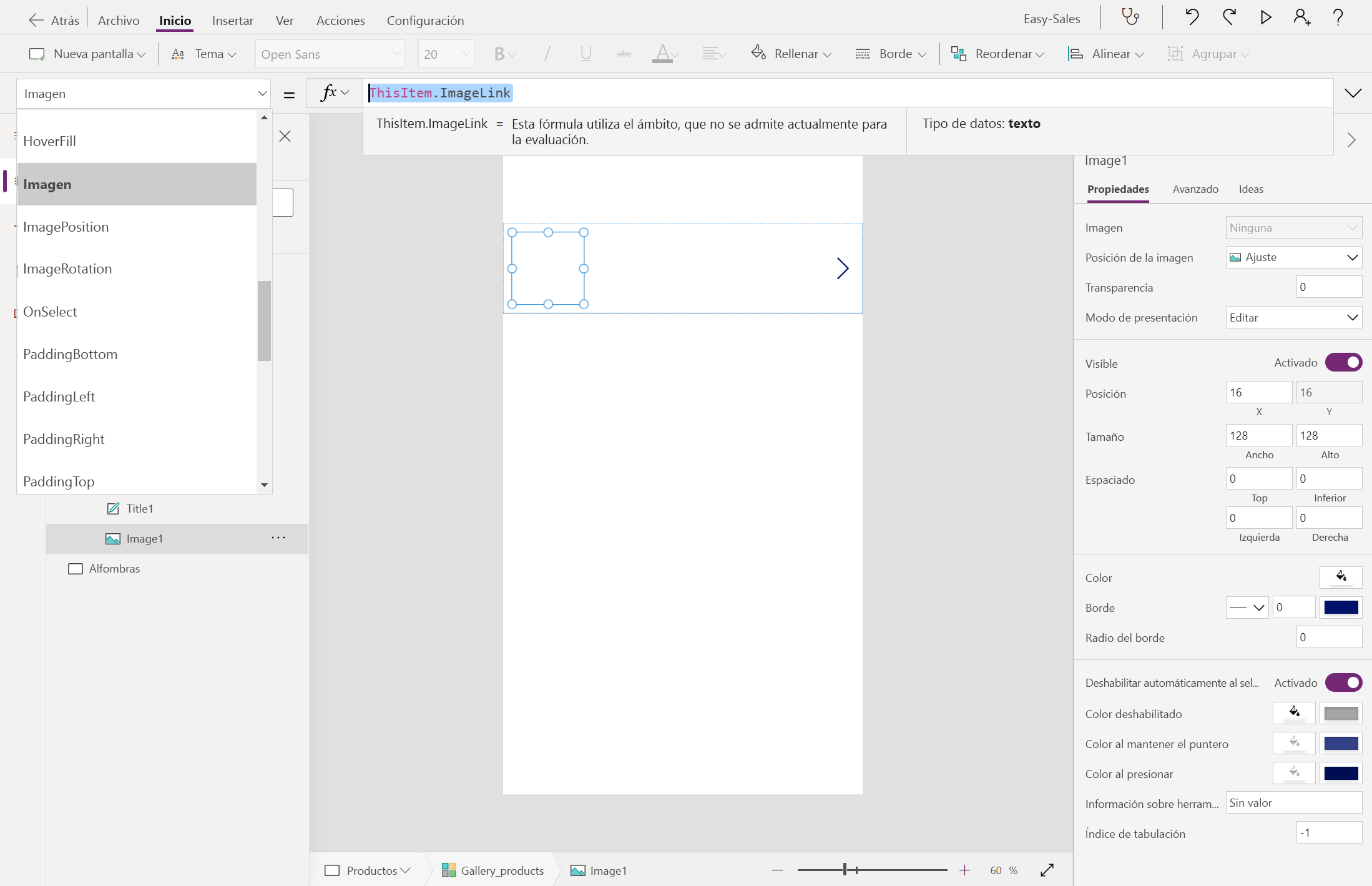 Captura de pantalla de la configuración de la propiedad Imagen en la página del producto