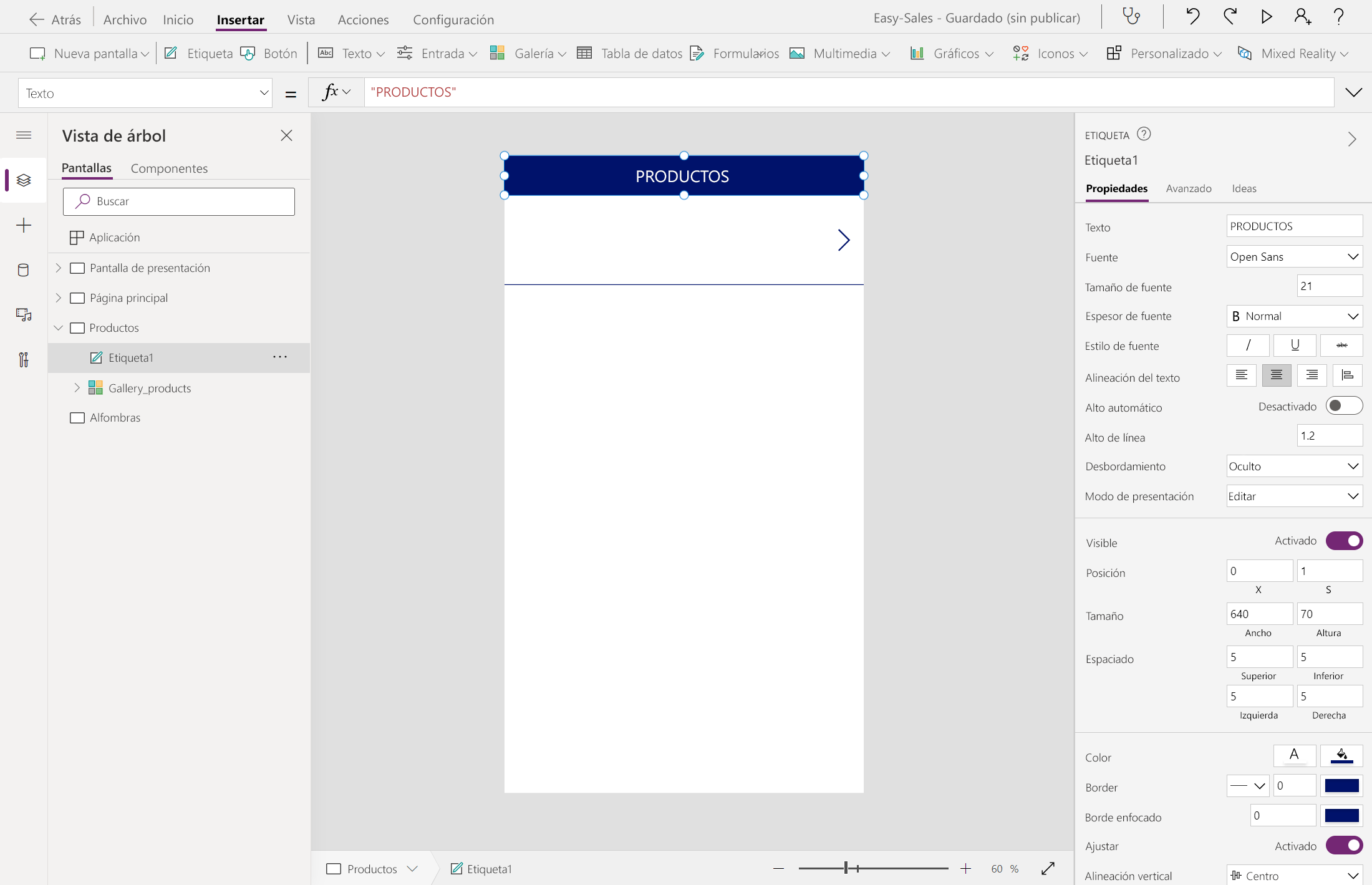 Captura de pantalla de la incorporación de una etiqueta en la página de productos