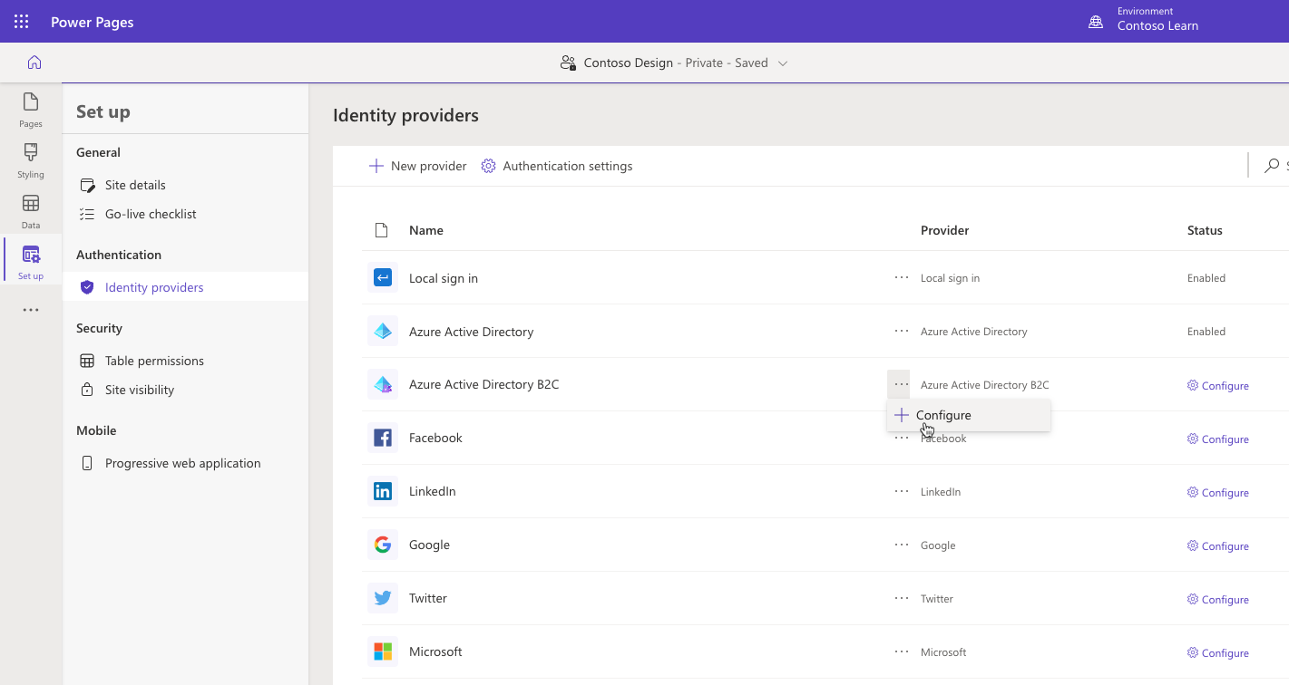 Captura de pantalla de la configuración de autenticación de Power Pages.