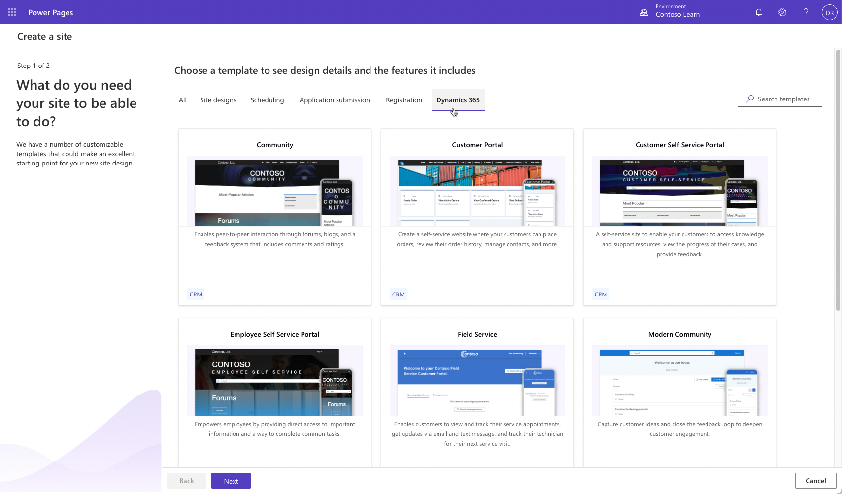 Captura de pantalla de las plantillas del portal de Dynamics 365 en Power Pages.