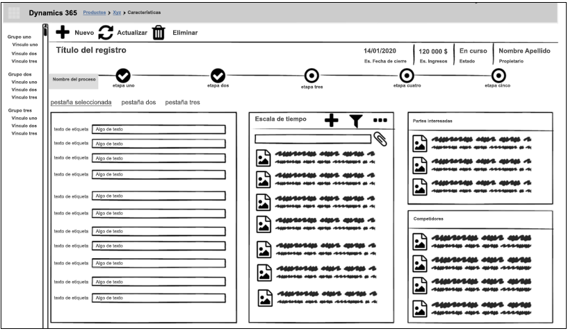 Un ejemplo de un gráficos de contorno reticular de un formulario con marcadores de posición para texto y agrupaciones de controles.