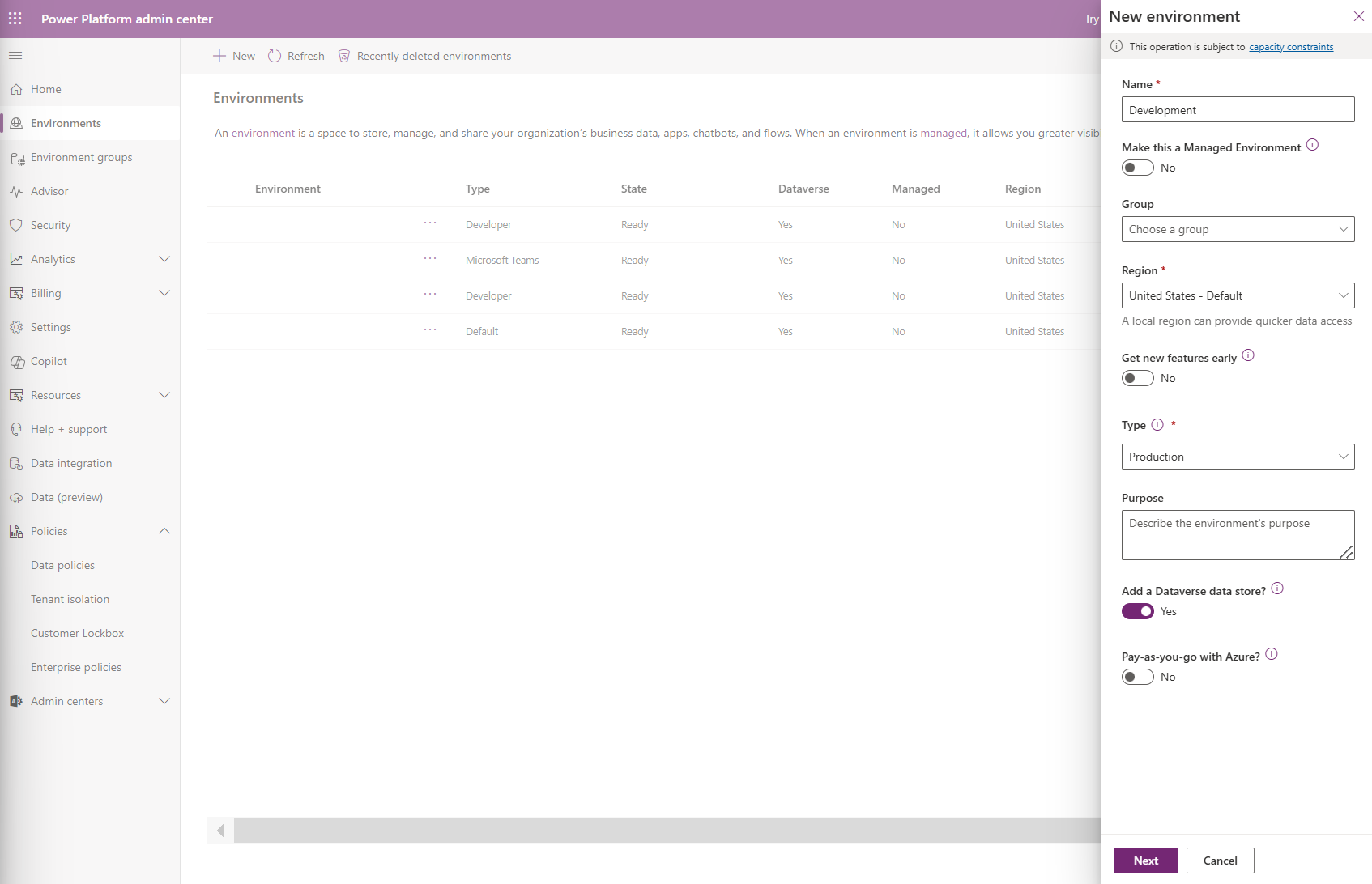 Captura de pantalla de la nueva configuración del entorno.