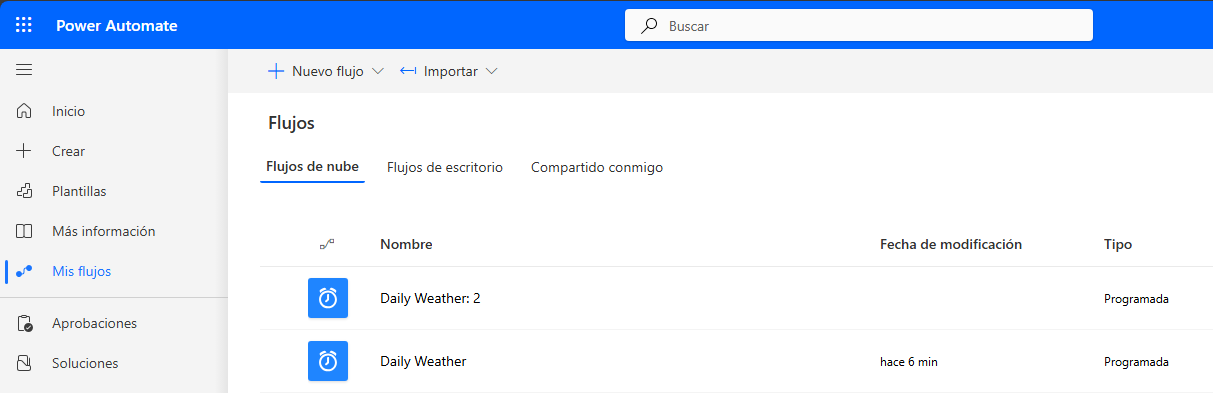 Captura de pantalla de los flujos de nube