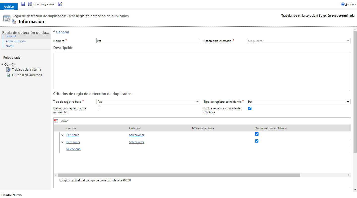 Captura de pantalla de la regla de detección de duplicados