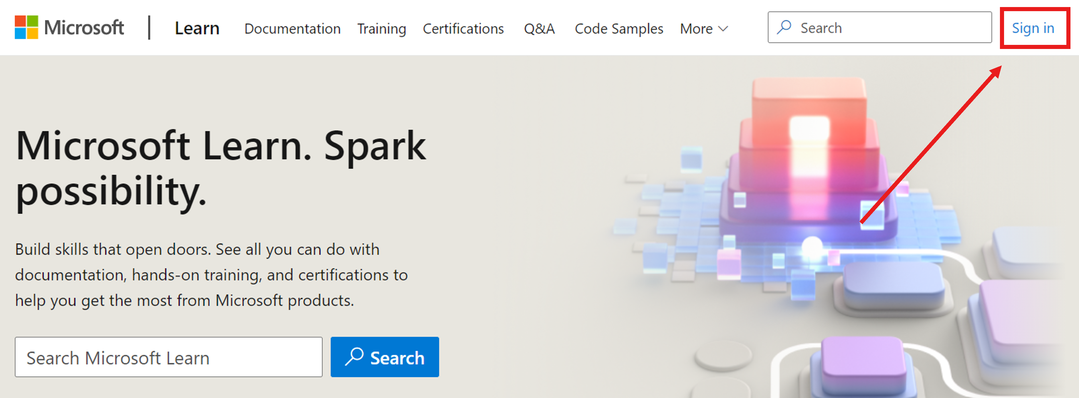 Captura de pantalla de la página principal de Microsoft&nbsp;Learn, con una flecha que señala el vínculo de inicio de sesión en la esquina superior derecha.
