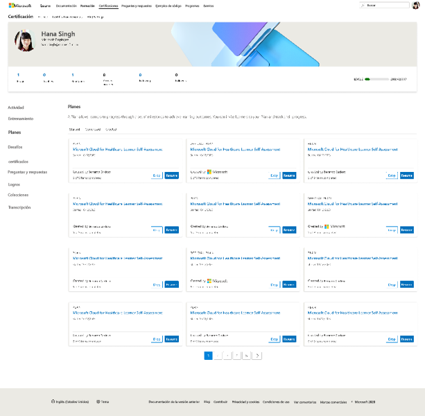 Captura de pantalla de la sección Planes del perfil de usuario de Learn que muestra los planes iniciados para un usuario a través de la pestaña